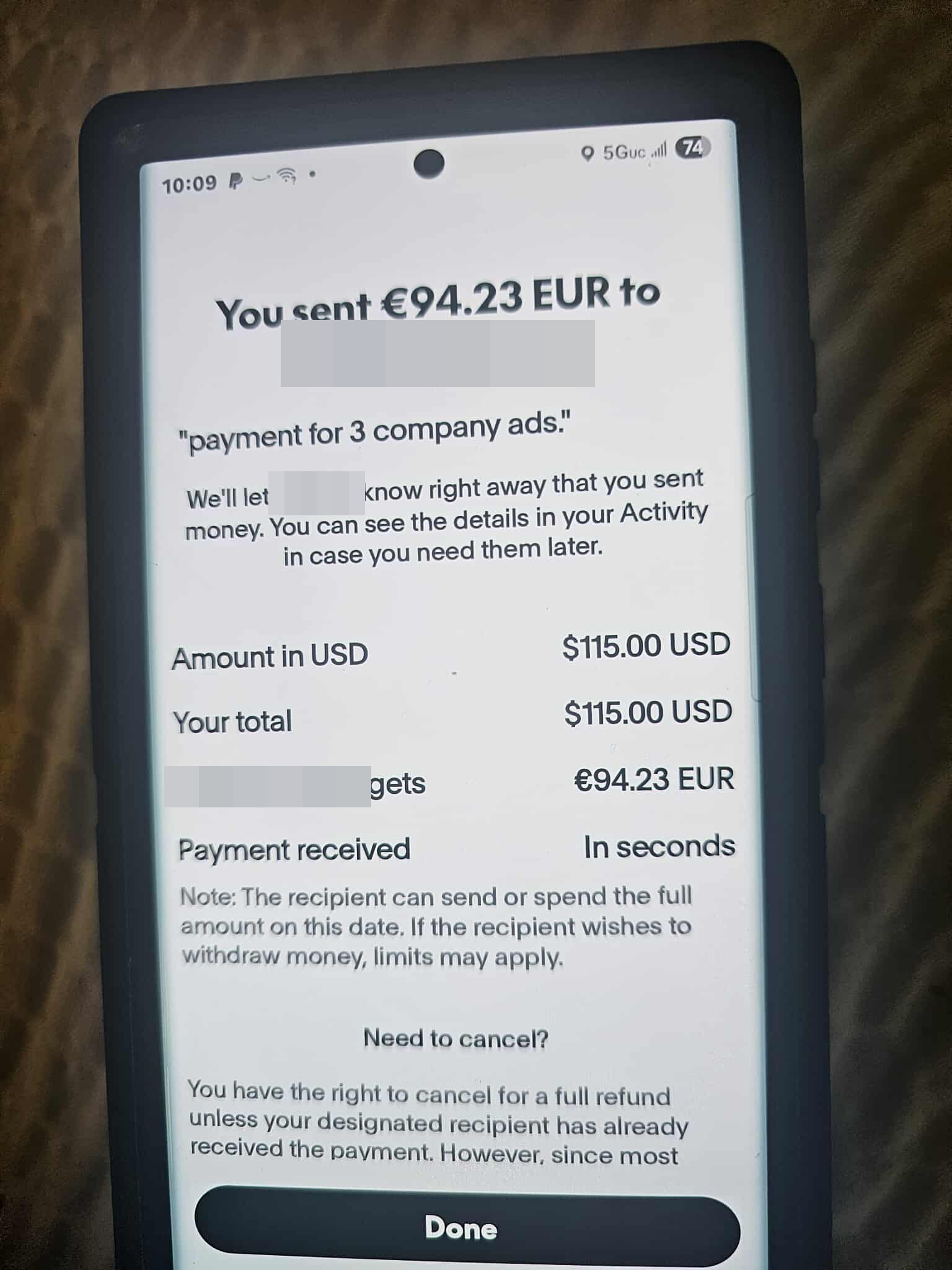 Payment transfer screenshot